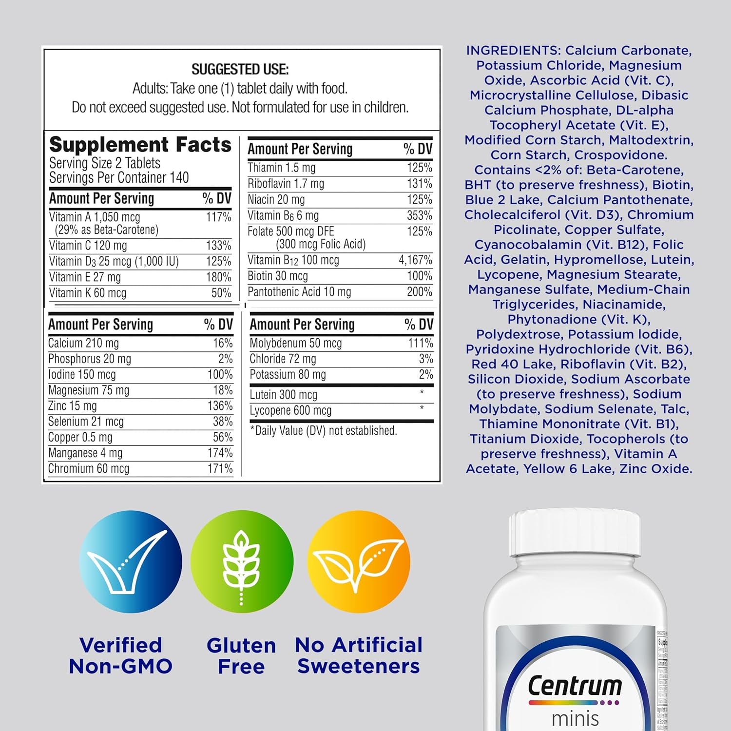 Minis Silver Multivitamin for Men 50 Plus, Multivitamin/Multimineral Supplement, Vitamin D3, B-Vitamins and Zinc, Non-Gmo Ingredients, Supports Memory and Cognition in Older Adults - 280 Ct