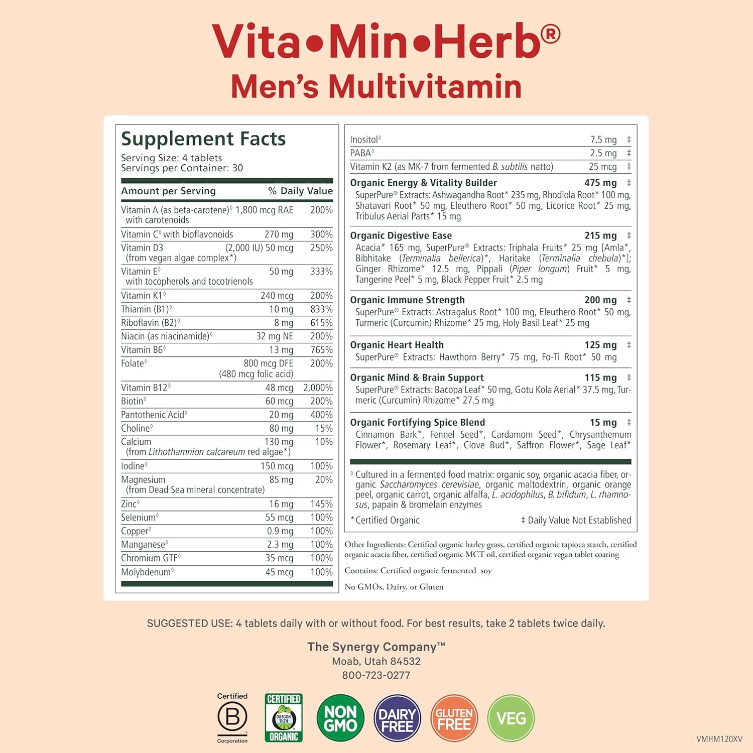 Vita·Min·Herb for Men | Men’S Comprehensive Multivitamin Supplement | Made with Organic Whole Food Non-Gmo Ingredients | Daily Energy & Immune Support (120 Tablets)