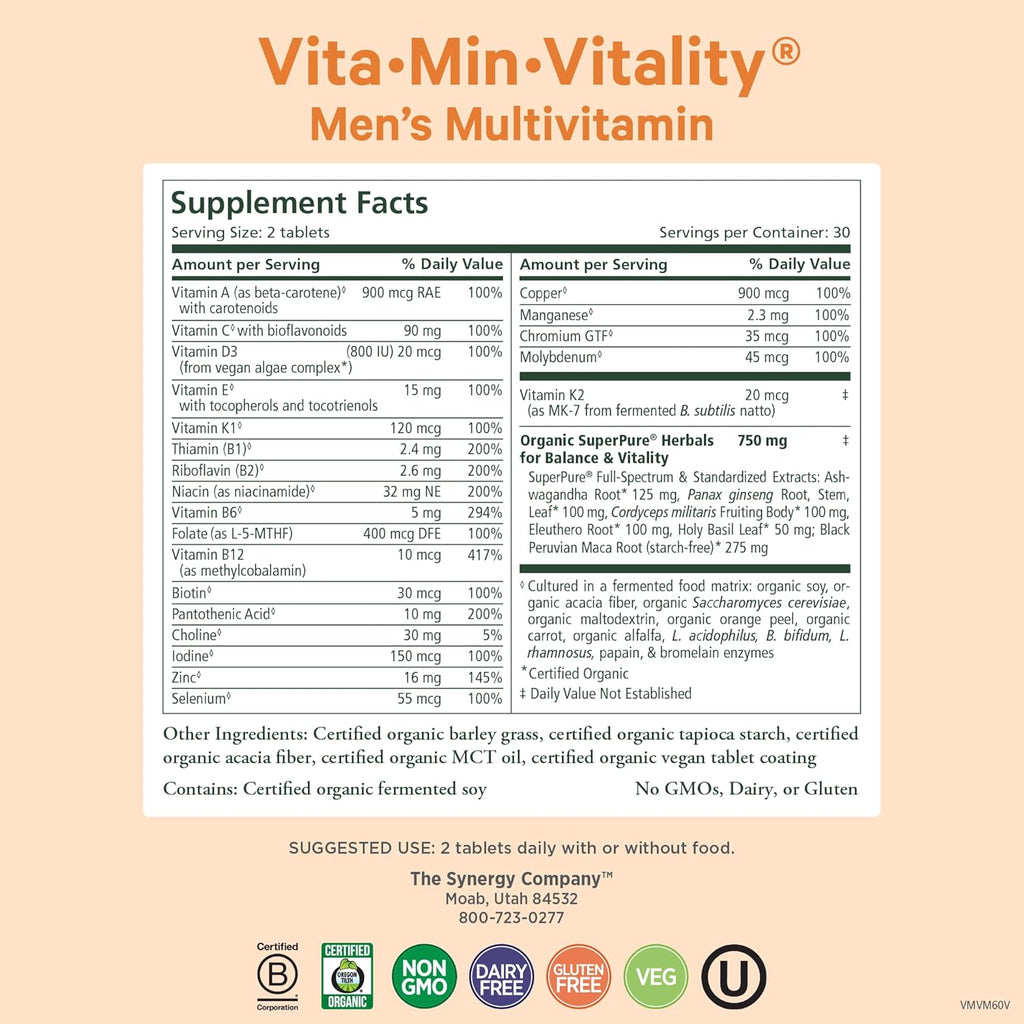 Vita·Min·Vitality | Natural Multivitamin for Men | Men’S Daily Multivitamin Made with Organic Whole Foods | for Energy, Stress, and Immune Support (60 Tablets)