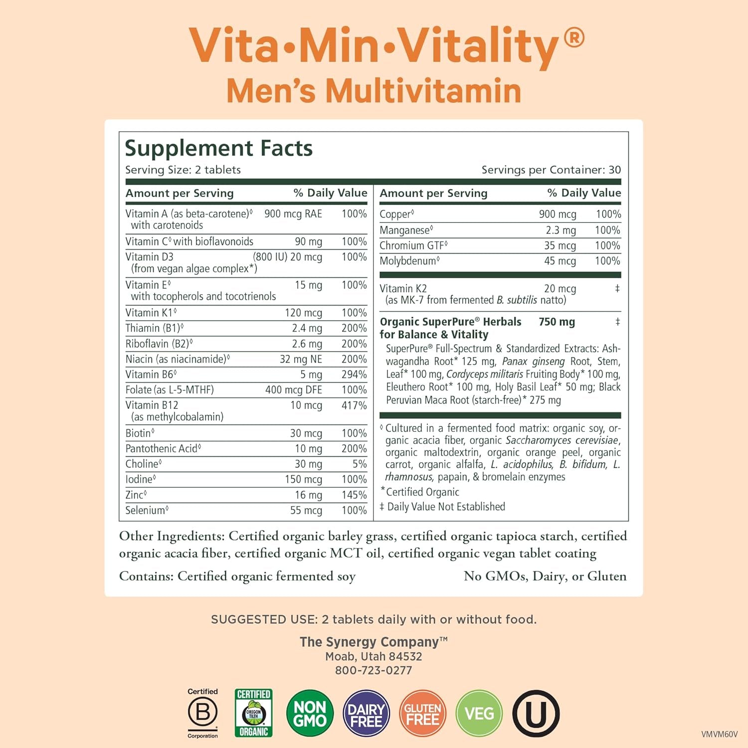 Vita·Min·Vitality | Natural Multivitamin for Men | Men’S Daily Multivitamin Made with Organic Whole Foods | for Energy, Stress, and Immune Support (60 Tablets)