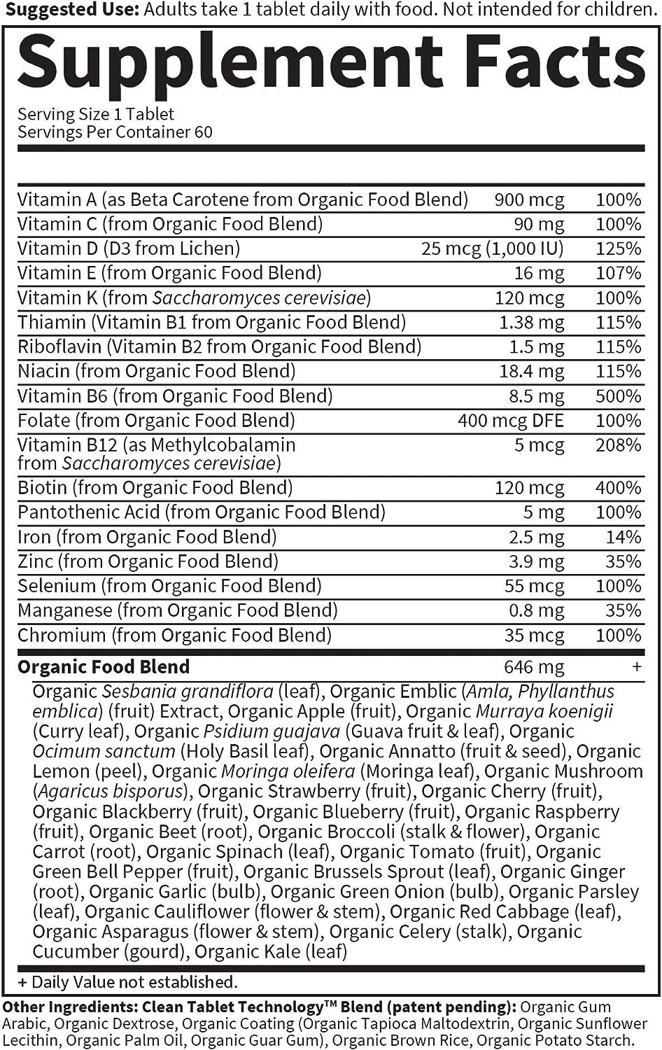 Organics Multivitamin for Women - Women'S Once Daily Multi - Whole Food Multi with Iron, Biotin, Vegan Organic Womens Multivitamin for Health, Energy Hair Skin and Nails, 60 Tablets