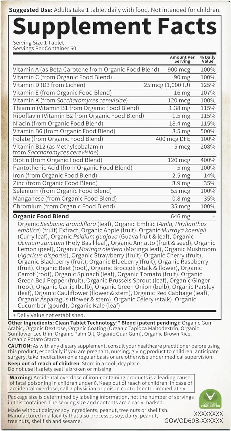 Organics Multivitamin for Women - Women'S Once Daily Multi - Whole Food Multi with Iron, Biotin, Vegan Organic Womens Multivitamin for Health, Energy Hair Skin and Nails, 60 Tablets