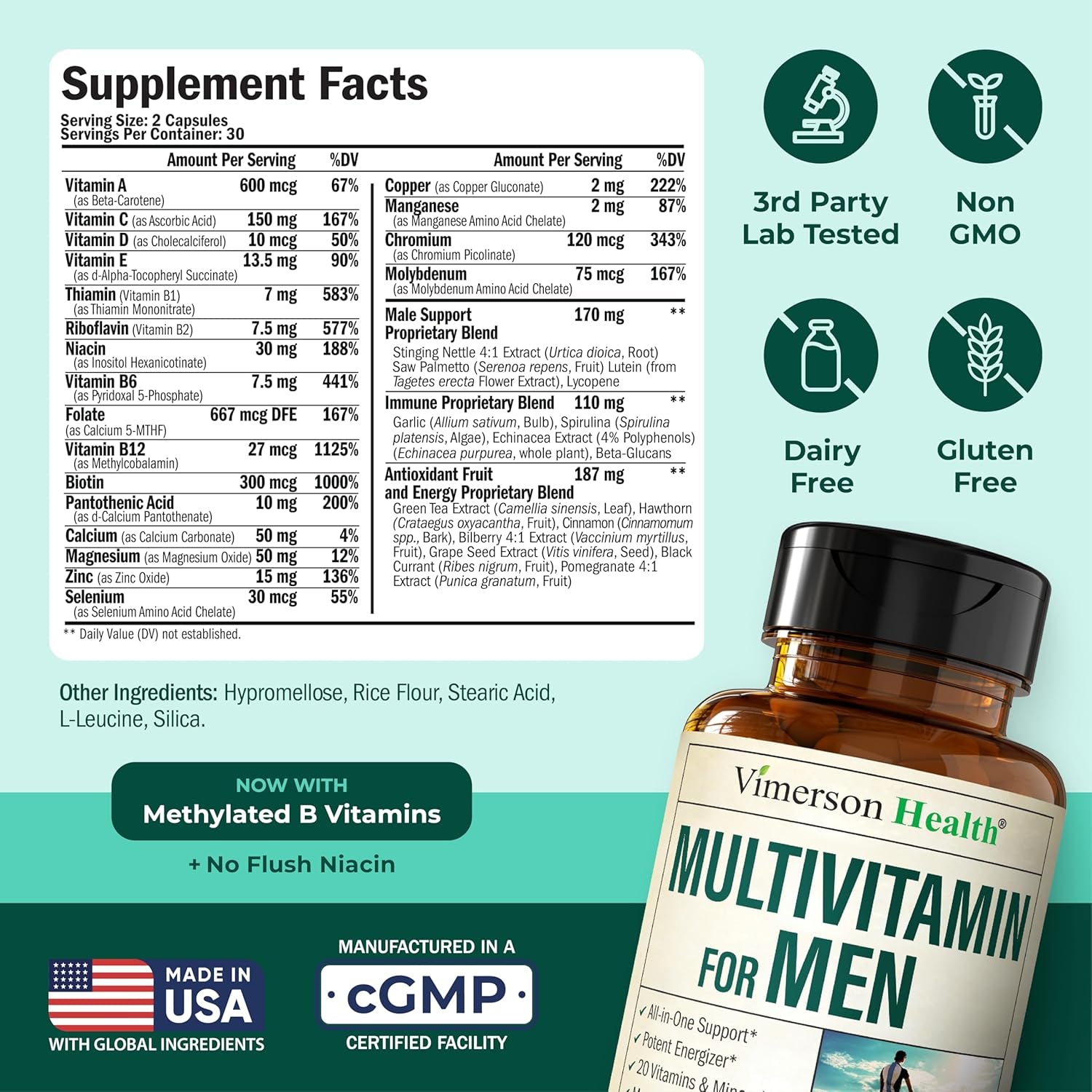 Multivitamin for Men – Methylated Mens Multivitamins & Multiminerals Capsules with Vitamin B12, A, D, C, Zinc, Magnesium & More for Complete Daily Support – High Potency Bioavailable Vitamins for Men
