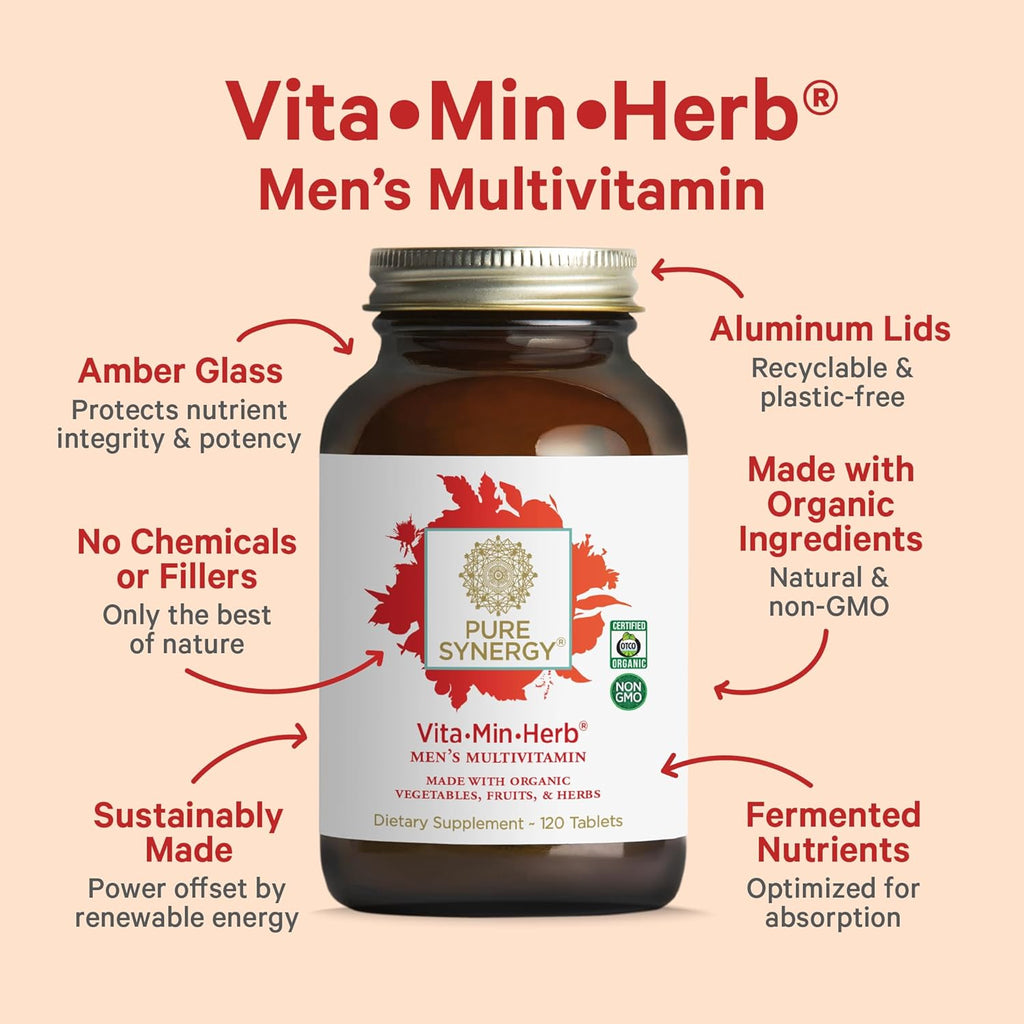 Vita·Min·Herb for Men | Men’S Comprehensive Multivitamin Supplement | Made with Organic Whole Food Non-Gmo Ingredients | Daily Energy & Immune Support (120 Tablets)